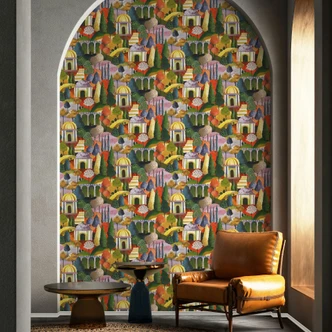 Papier peint intissé multicolore Arbres pittoresques Graphique moderne  