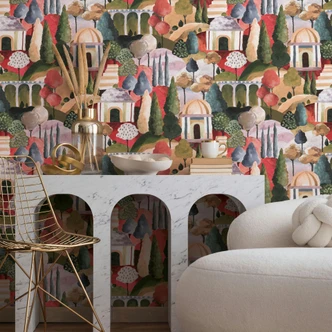 Papier peint intissé multicolore Arbres pittoresques Graphique moderne  