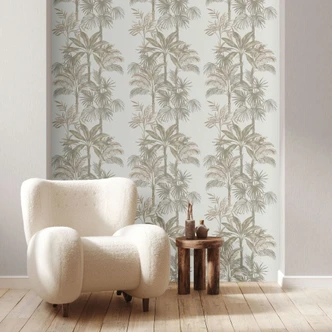 Vliestapete in Weiß Beige Bäume Blätter Dschungel Floral Natur  