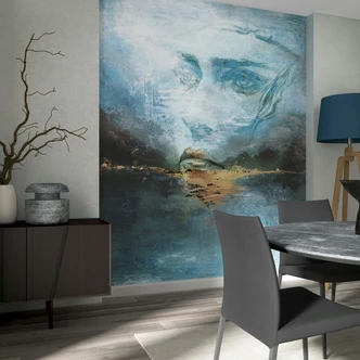 Wall Mural in Blue with Abstract Face Graphic Nature 2.70 x 2.12m 