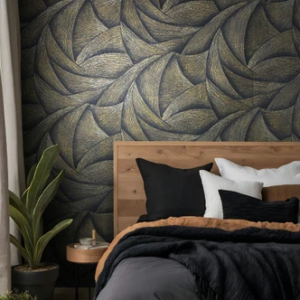 Vliesbehang in zwart, goud 3D-look golvend grafisch modern 