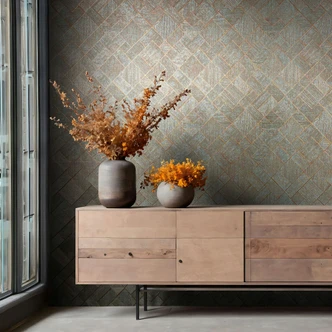 Non-woven tapet i blått, kopparrutigt, diamantmönster grafiskt geometriskt 