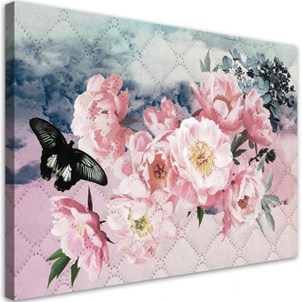 Leinwandbild, Rosa Blumen und Schmetterling 