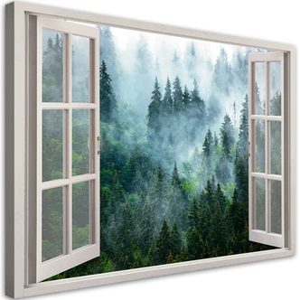 Canvasbillede, Vinduesudsigt skov i tåge natur 