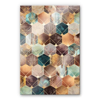 Stampa su vetro acrilico Fredriksson - Esagoni: oro e rame 