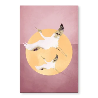 Acrylglasbild Weiß-goldene Kraniche am pinken Himmel - Aureous 