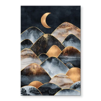 Tableau sur verre acrylique Fredriksson - Montagnes au clair de lune doré 