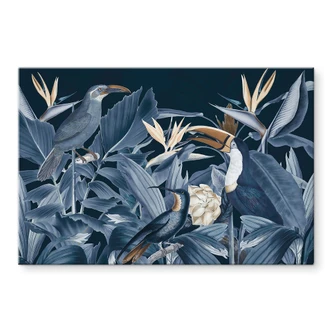 Stampa su vetro acrilico Uccelli tropicali nella foresta di notte - Haase 