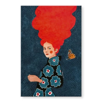 Tableau en verre acrylique Femme en robe fleurie avec papillon - Hülya 