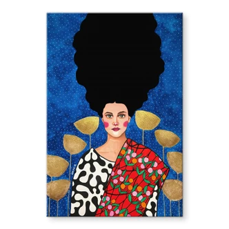 Tableau en verre acrylique Femme dans un champ avec des feuilles d'or - Hülya 