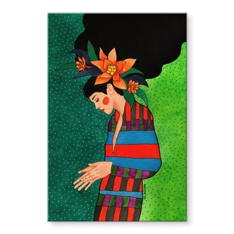 Tableau en verre acrylique Femme en robe à rayures avec fleurs oranges - Hülya 