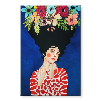 Tableau en verre acrylique Femme avec des fleurs dans les cheveux - Hülya 