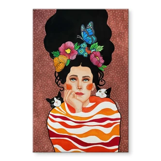 Tableau en verre acrylique Femme avec couronne de fleurs et chats - Hülya 