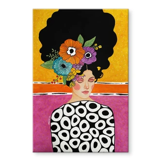 Tableau en verre acrylique Femme avec une couronne de fleurs colorées - Hülya 