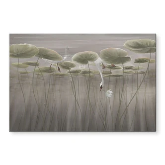 Acrylglas afbeelding lotusbloemen met zwaan in water in grijs - Ms Tiff 