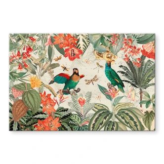 Tableau sur verre acrylique Jungle exotique avec perroquets - UN Designs 