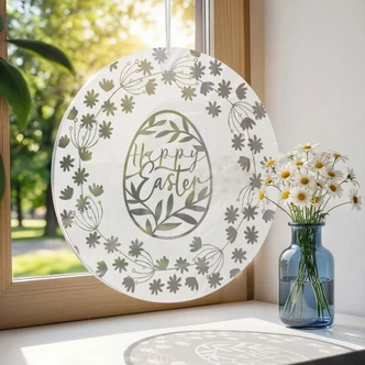 Acrylglasbild, Fensterbild zum Aufhängen Happy Easter im Blumenkranz - Rund 
