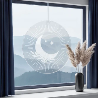 Acrylglasbild, Fensterbild zum Aufhängen Mondsichel mit Strahlenkranz - Rund 