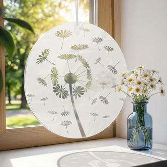 Acrylglasbild, Fensterbild zum Aufhängen Pusteblume im Wind - Rund 