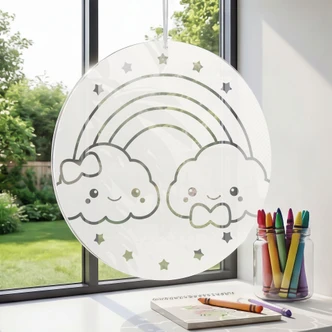 Acrylglasbild, Fensterbild zum Aufhängen Regenbogen mit Wolken - Rund 