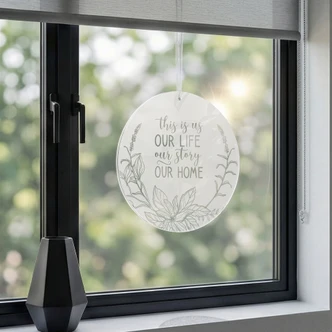 Acrylglasbild, Fensterbild zum Aufhängen This is us | Spruchdeko fürs Wohnzimmer - Rund 