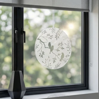 Acrylglasbild, Fensterbild zum Aufhängen Vögel zwischen floralen Zweigen - Rund 