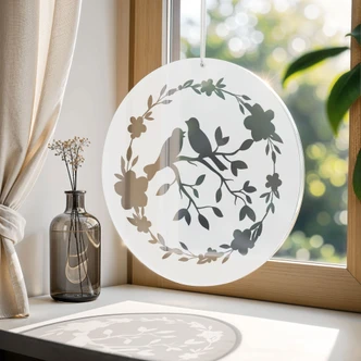 Acrylglasbild, Fensterbild zum Aufhängen Vogelpaar mit Blütenkranz - Rund 