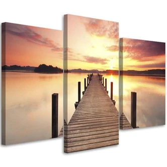 Leinwandbild 3-teilig, Steg See Sonnenuntergang 