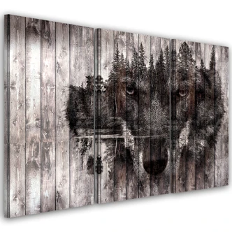 Leinwandbild 3-teilig, Wolf Wald Retro 