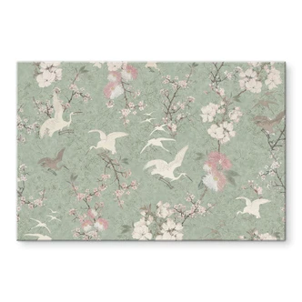 Wandbild Kraniche im Kirschblüten-Rausch Grün - Bloomery Decor - Alu-Dibond Wandbild Kraniche im Kirschblüten-Rausch Grün - Bloomery Decor - Alu-Dibond