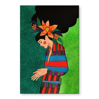 Wandbild Frau im Streifenkleid mit orangen Blüten - Hülya - Alu-Dibond 