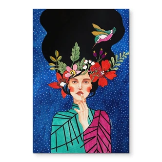 Wandbild Frau mit Kolibri in der Sternennacht - Hülya - Alu-Dibond 