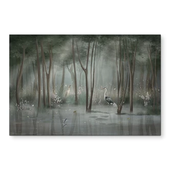 Wandbild Nebelwald am See mit Reiher in Grün - Ms Tiff - Alu-Dibond 