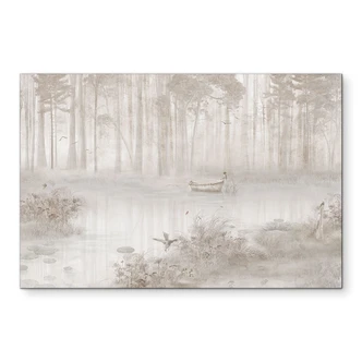 Wanddecoratie bos bij meer in beige mist - Ms Tiff - Alu-Dibond Wanddecoratie bos bij meer in beige mist - Ms Tiff - Alu-Dibond