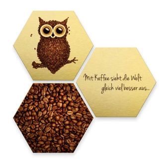 Hexagon - Alu-Dibond-Goldeffekt - Kaffeeeule (3er Set) 