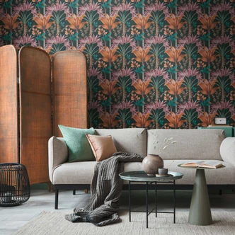 Djungel tapet i grafisk stil svart färgglad - non-woven tapet palmblad 