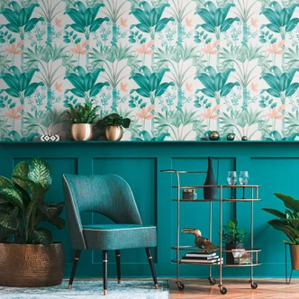 Djungel tapet i grafisk stil vit grön - non-woven tapet palmblad 