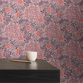 Papier peint avec rinceaux fleuris et fleurs Violet rouge - papier peint intissé floral 