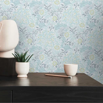 Papier peint avec rinceaux fleuris et fleurs bleu blanc - papier peint intissé floral 