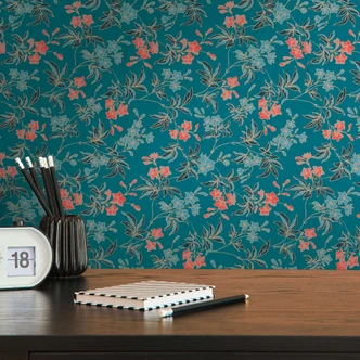 Papier peint fleuri avec fleurs rouge bleu - papier peint à motifs floraux moderne - papier peint intissé floral Papier peint fleuri avec fleurs rouge bleu - papier peint à motifs floraux moderne - papier peint intissé floral