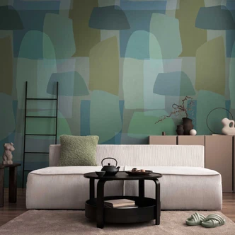 Papier peint abstrait vert bleu - papier peint design avec formes naturelles - Papier peint intissé moderne 