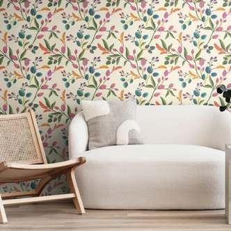Patroonbehang bloesems roze oranje blauw - speelse bloemenlook - Vliesbehang Patroonbehang bloesems roze oranje blauw - speelse bloemenlook - Vliesbehang