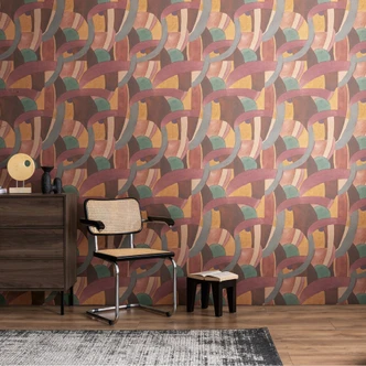 Papier peint abstrait à motifs en jaune terre cuite vert - Papier peint intissé artistique 