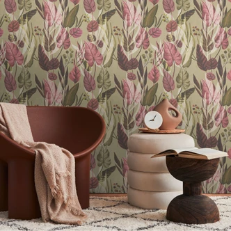 Botanisk tapet beige rosa - tapet med djungelmönster med löv - Icke-vävd tapet 