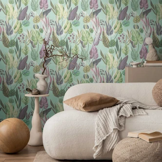 Papier peint botanique vert turquoise multicolore - Papier peint à motifs végétaux moderne - Papier peint intissé 