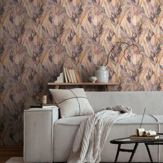 Papier peint jungle lilas beige - feuilles pastel moderne - papier peint intissé 