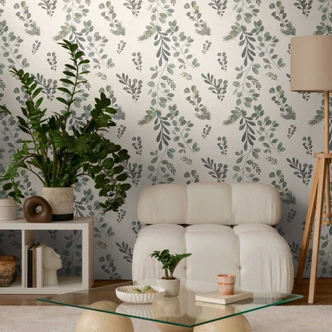 Papier peint floral Blanc Vert - Branches et feuilles style aquarelle - Papier peint intissé naturel 