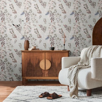 Papier peint floral gris rose - branches et feuilles aspect aquarelle - Papier peint intissé moderne 