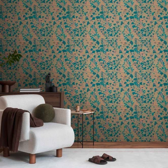 Ginkgo blå beige bladtapet - Ikke-vævet tapet med kobber accenter - moderne naturmotiv 