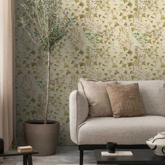 Papier peint à feuilles Ginkgo Nature Crème - Papier peint intissé aux douces nuances de vert - Moderne & élégant 